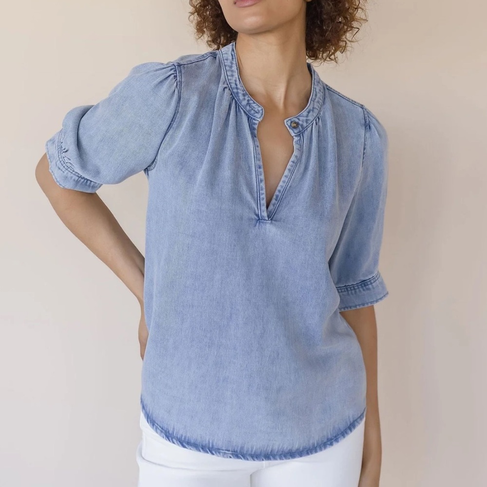 Velvet Heart Light Blue Washed Denim Peasant Blouse